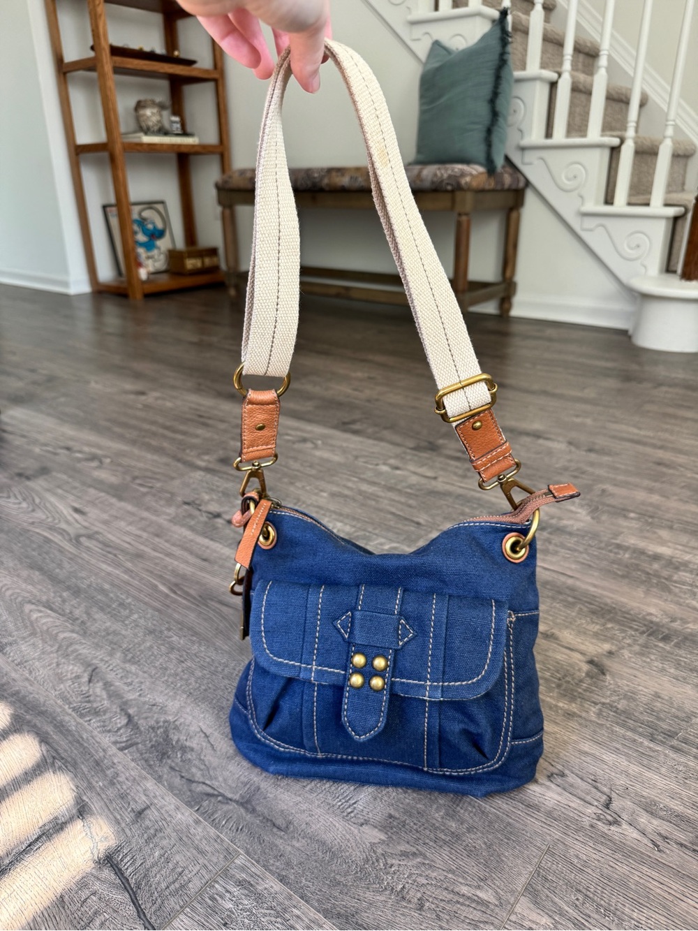 Fossil Blue Denim Crossbody with Cream Canvas Strap